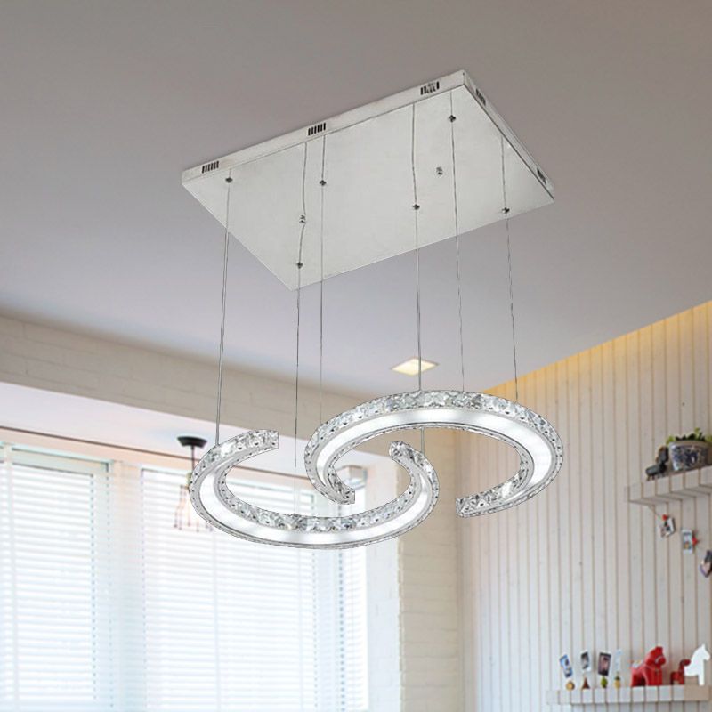 Double C-Shape Suspension Pendant Minimalist K9 Crystal Chrome LED Hanging Chandelier in Warm/White/3 Color Light