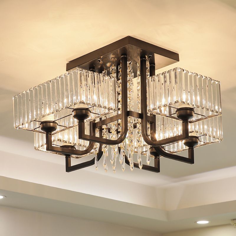 Contemporary Rectangle Ceiling Light Prismatic Crystal Living Room Semi Flush Mount Light in Black