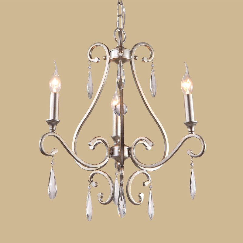 Crystal Teardrop Suspension Light Farmhouse 3 Heads Bedroom Candle Pendant Chandelier in Gold with Scroll Arm