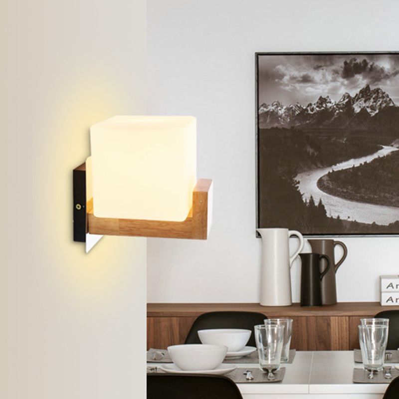 Modern Simplicity Single Light Square Wall Lamp Wood Bedroom Living Room Wall Mount Lighting