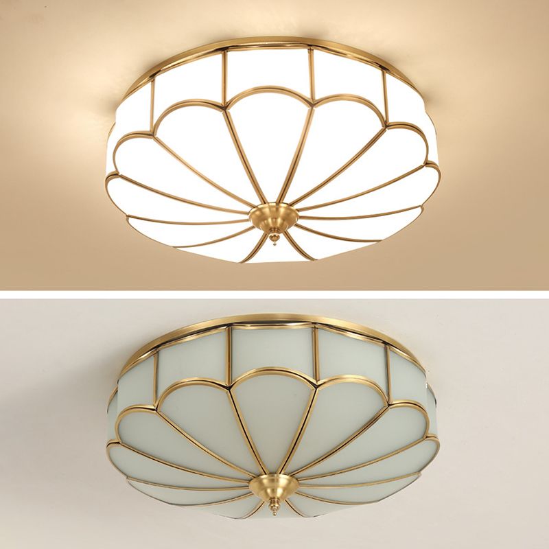 Flush Mount Ceiling Fixture Traditional Bedroom Flush Ceiling Light Fixture with Flower Glass Shade in Brass