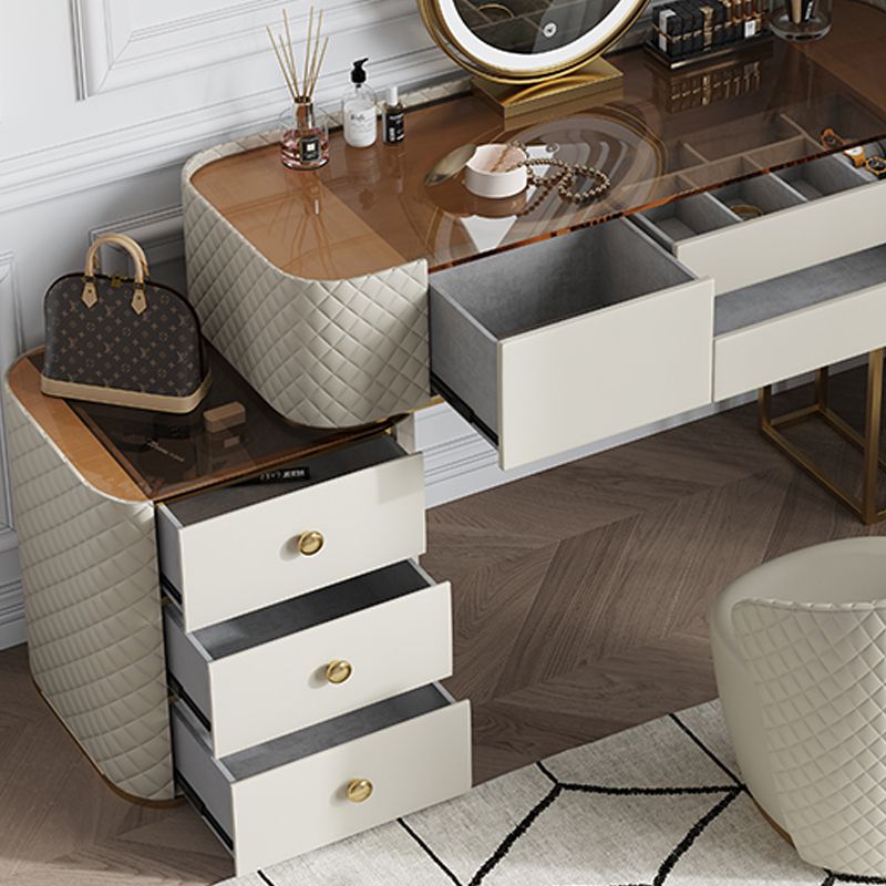 White Mirrored Make-up Vanity Glass Top Dressing Table Stool Set
