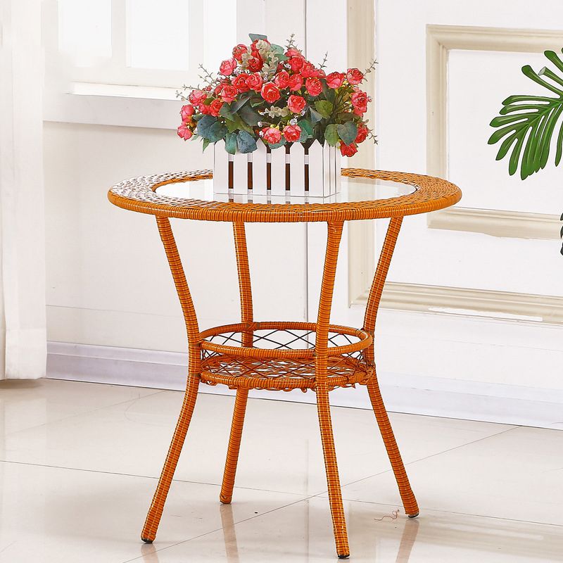Tropical Glass Top 4 Legs Cocktail Table with Shelf Round Coffee Table