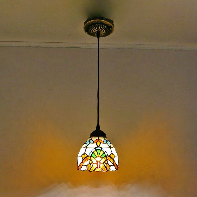 Bowl Pendant Light Tiffany-Style 1 Light Stained Glass Hanging Lamp for Dining Room