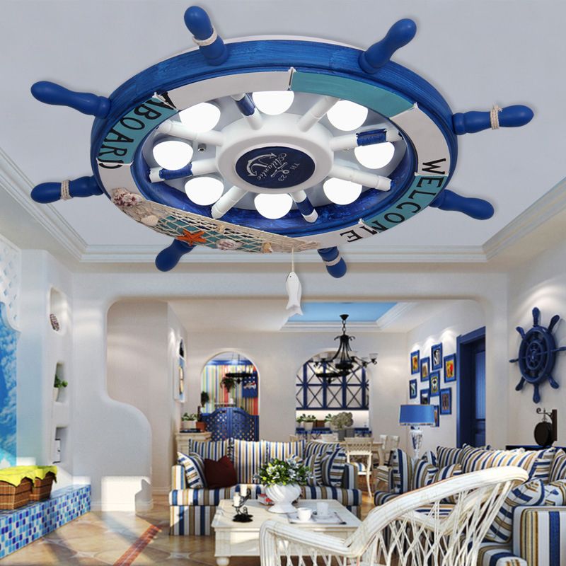 8-Kopf Jungen Schlafzimmer Flush Light Kid Blau/Weiß/Gelb LED Deckenleuchte mit Ruder Wood Shade, Pfingst/3 Farbe Licht