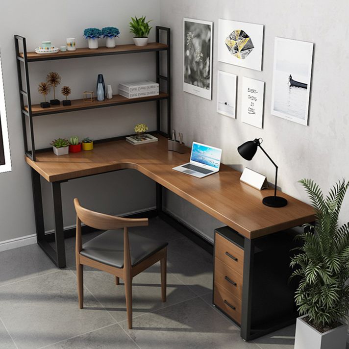 L-Shape Writing Table Industrial Solid Wood Fixed Home Working Table
