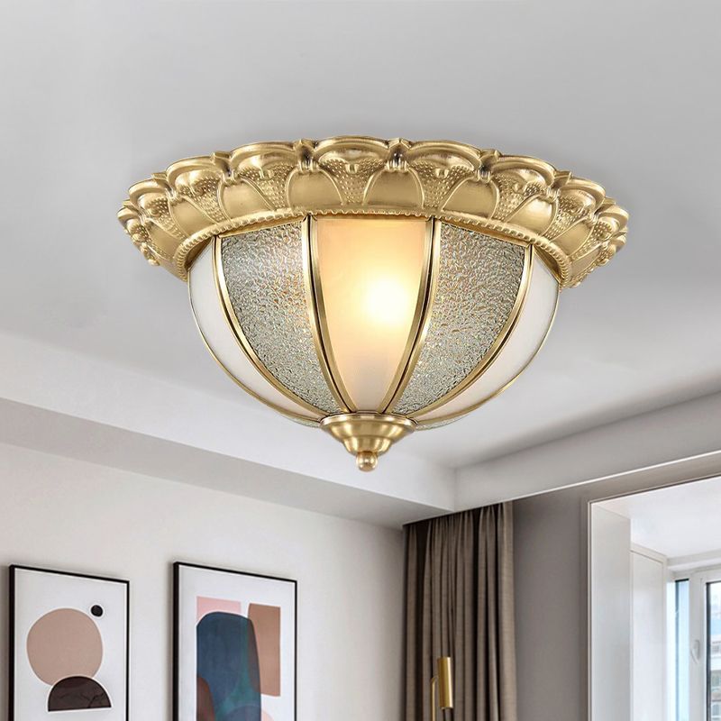 2-Bulb Domed Flush Ceiling Light Colonialism Gold White and Textured Glass Flush Mount Lamp