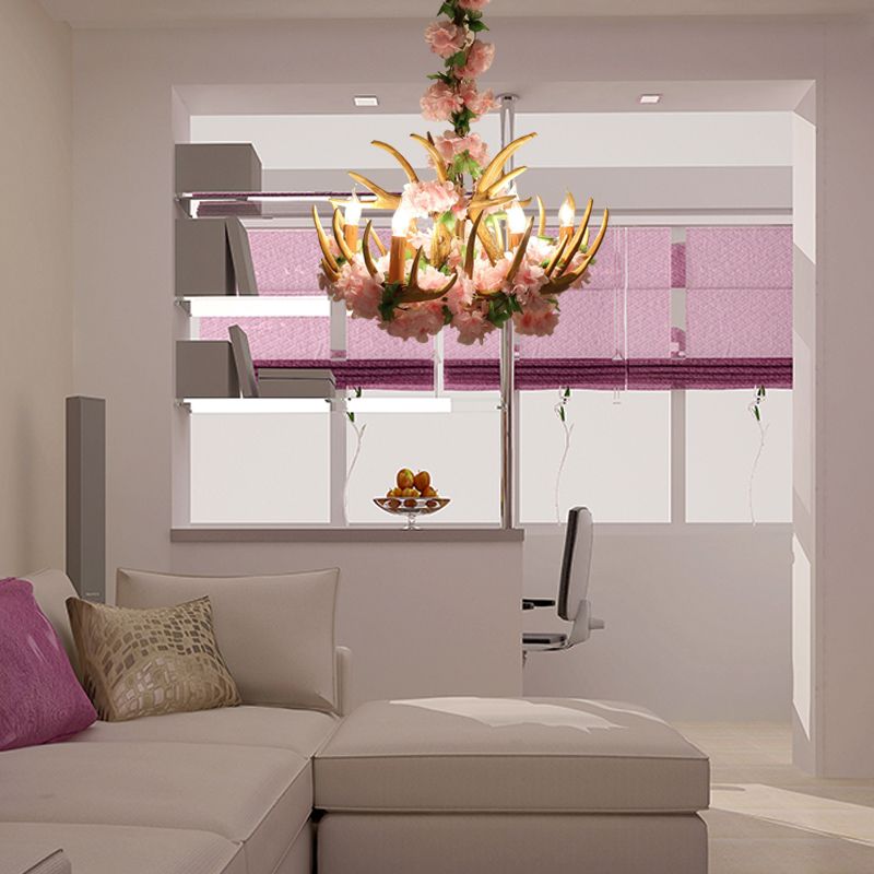 Candle Living Room Hanging Lamp Rustic Resin 4/6/12 Bulbs Pink/Green Chandelier Pendant Light