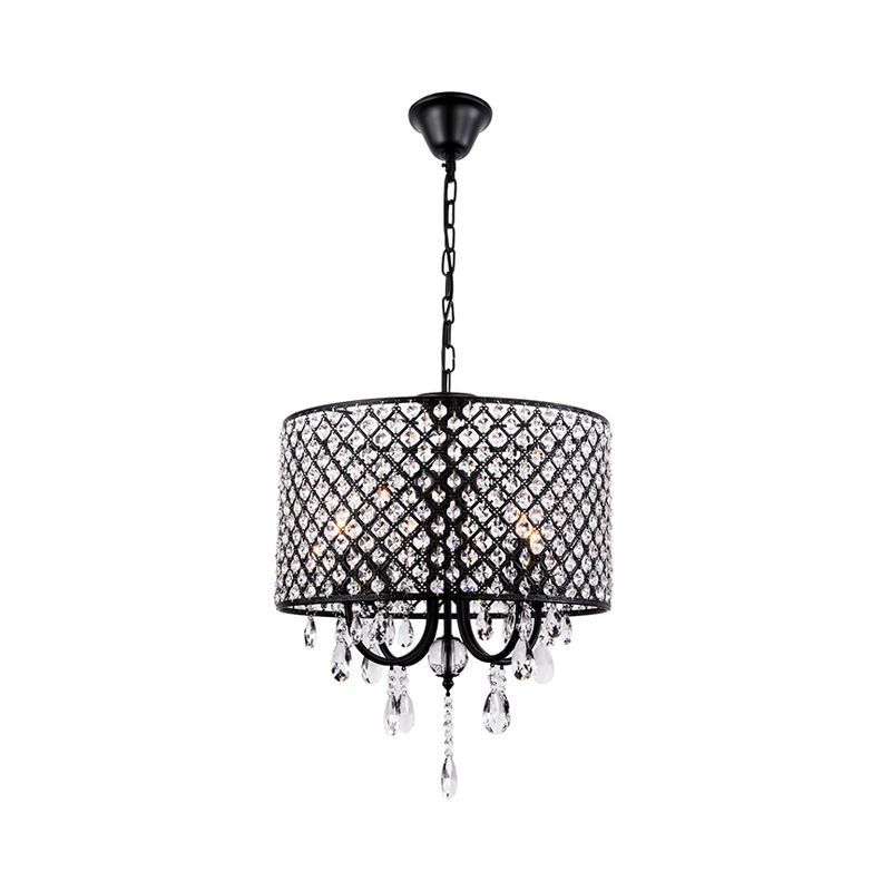Crystal Black/Chrome Pendant Lamp Drum Shaped 4 Lights Rustic Chandelier Light Fixture for Dining Room