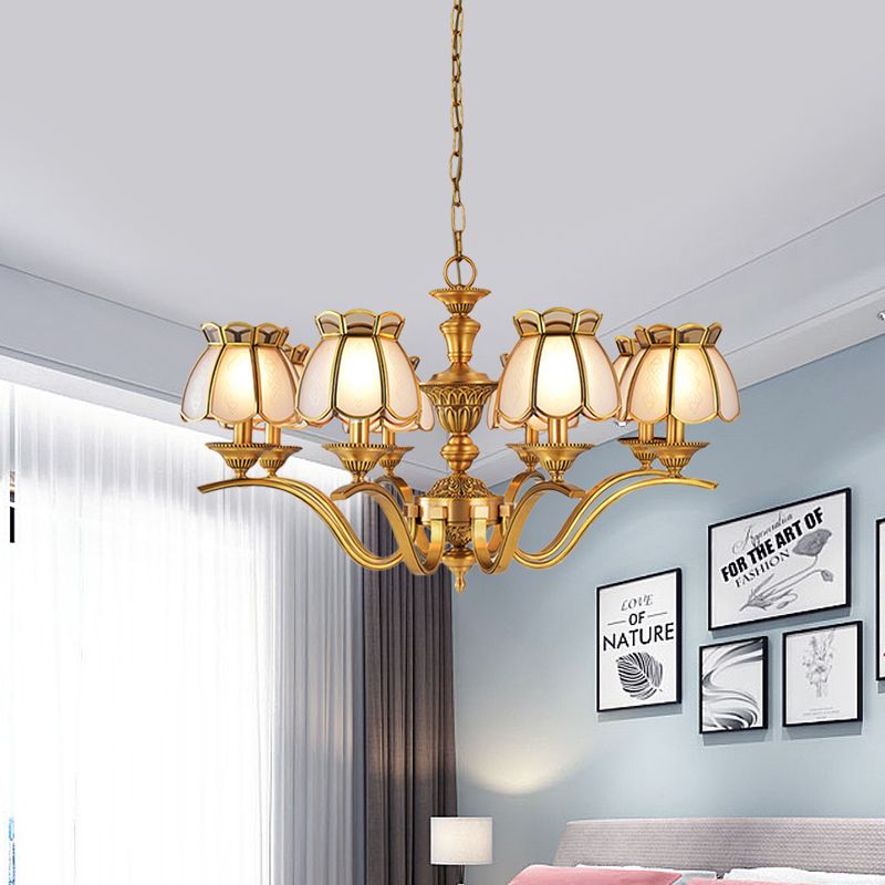 8 Heads Scalloped Pendant Chandelier Colonialist Gold Frosted White Glass Hanging Ceiling Light