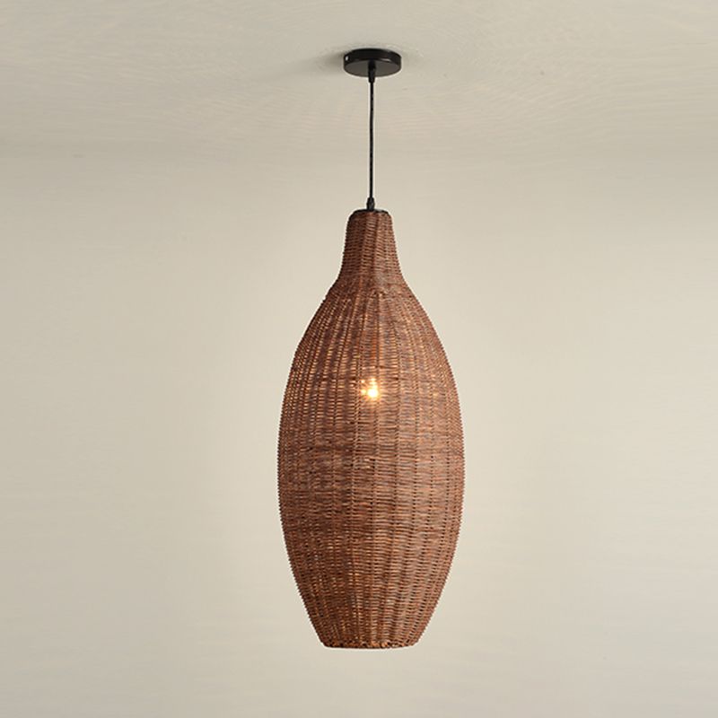 Farmhouse Natural Rattan Pendant Lighting 1-Light  Dining Room Hanging Lamp in Brown