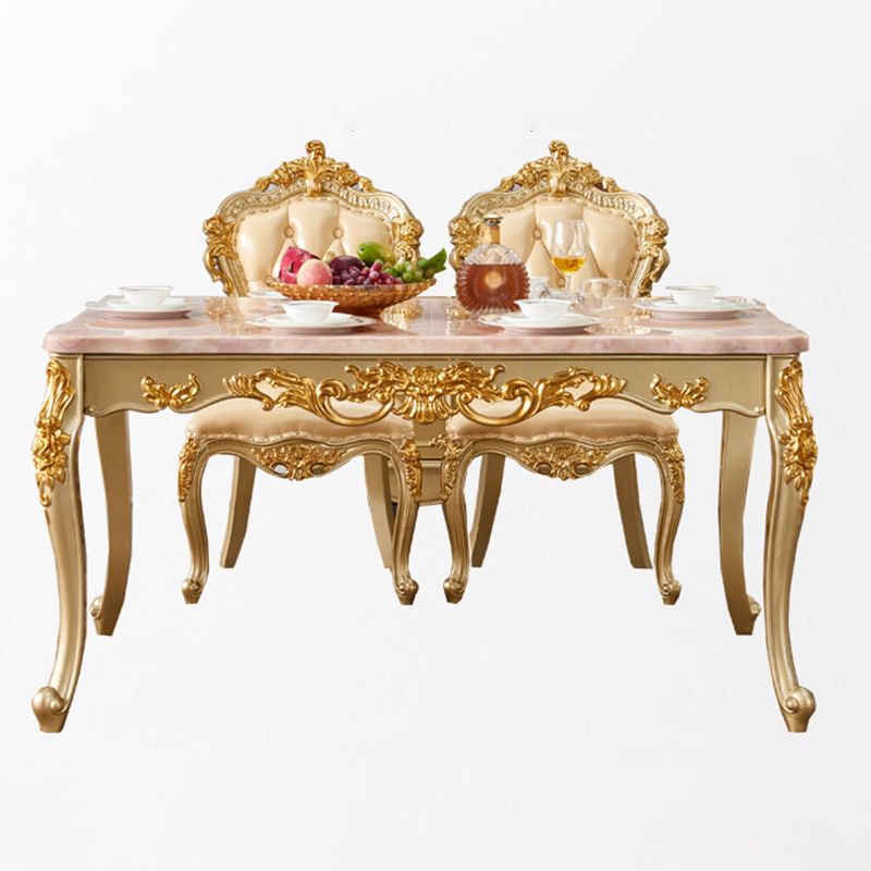 Solid Wood Victorian Rectangular Dining Table Marble Top Table with 4 Legs