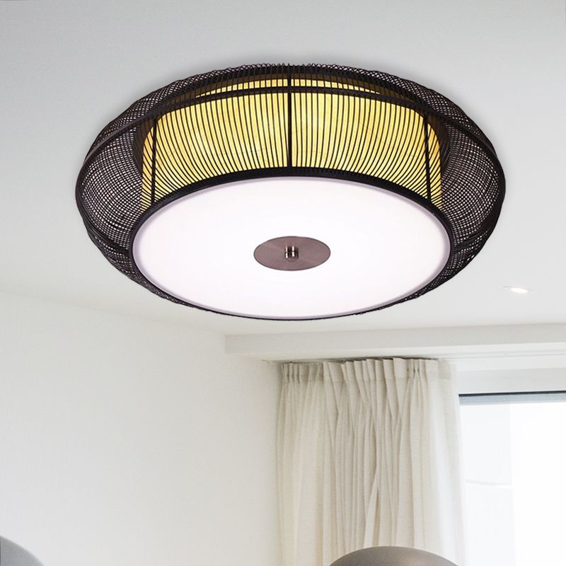 Lámpara de techo empotrada redonda de bambú, estilo asiático, 3/4 luces, accesorio de montaje en techo negro/madera para dormitorio, 18 "/22" de diámetro