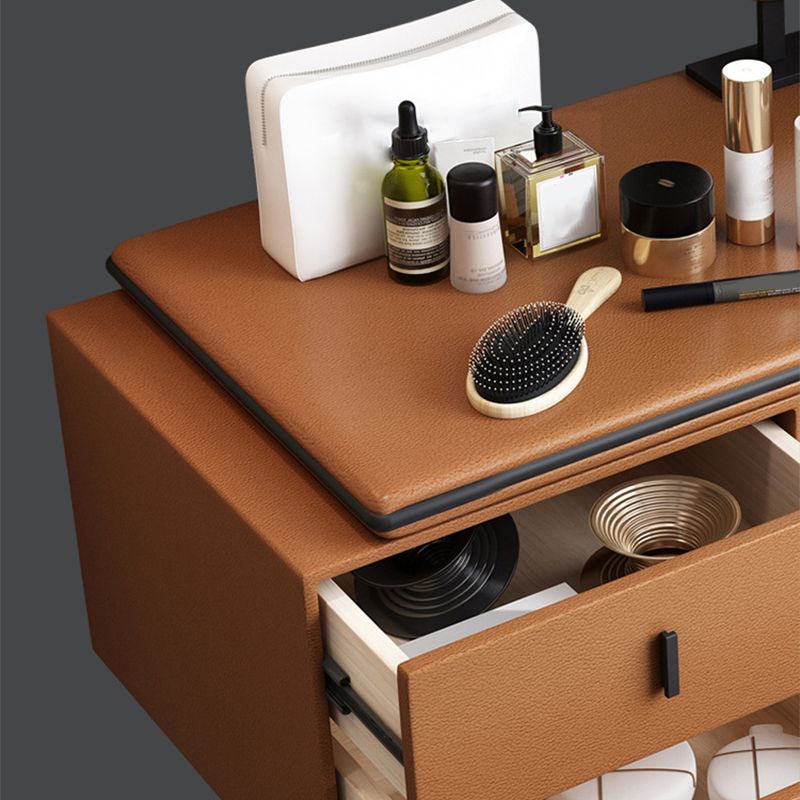 Vanity Mirrored Faux Leather Makeup Dressing Table Stool Set, 28.74"