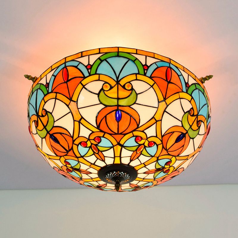 21.5"/25.5" W Brass Jewel Ceiling Lamp Baroque 5 Bulbs Multicolored Stained Glass Semi Flush Mount Lighting