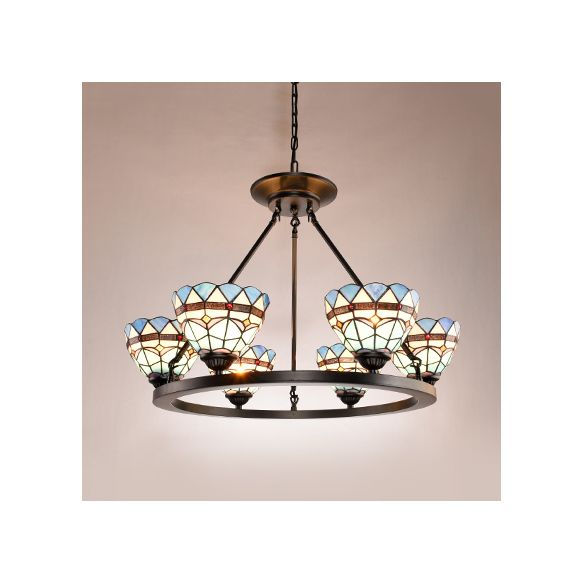 Kom hangende lamp 6 lichten blauw glazen barokke kroonluchter in antiek brons voor eetkamer