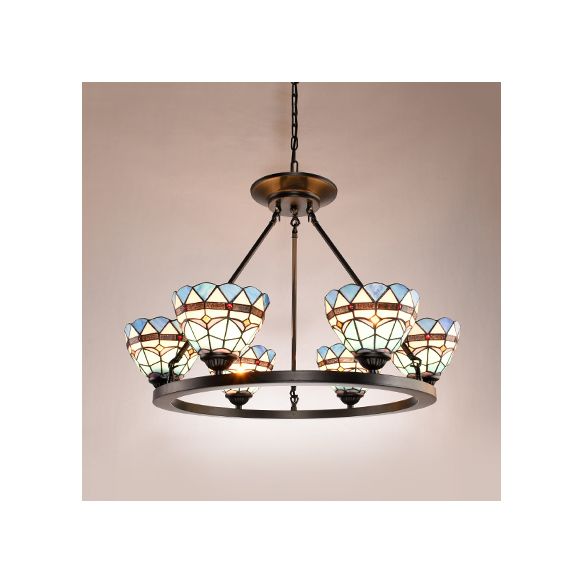 Schüssel Hanging Lamp 6 Lichter Blaues Glas Barock Kronleuchter in antiker Bronze für Esszimmer