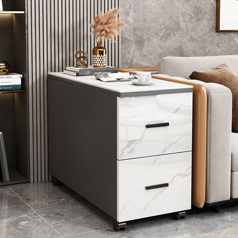 Modern Rectangle Sofa Side Accent Table with Stone Top and Drawers