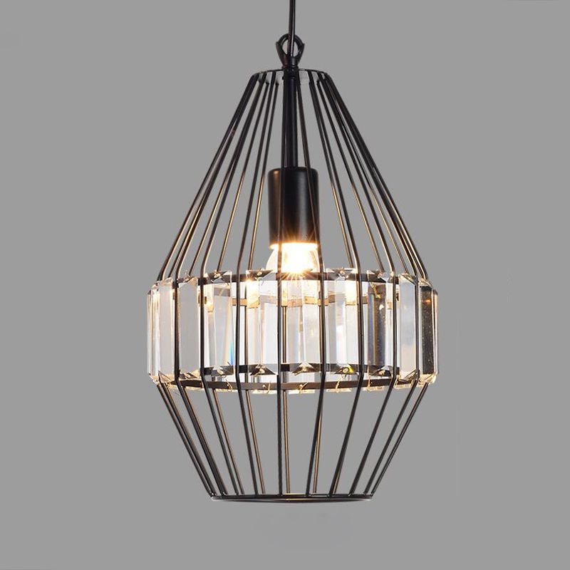 Illuminazione a sospensione cristallina in gabbia geometrica Vintage Light Black Affermazione per ristorante