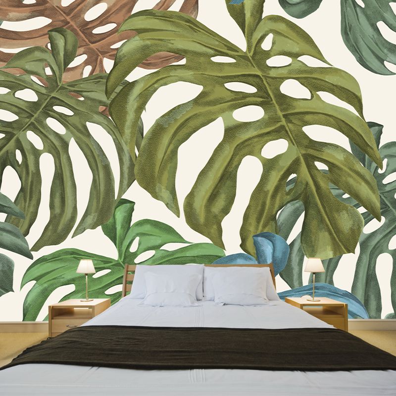 Tropical Palm Mural Wallpaper Light Color Wall Covering for Living Room