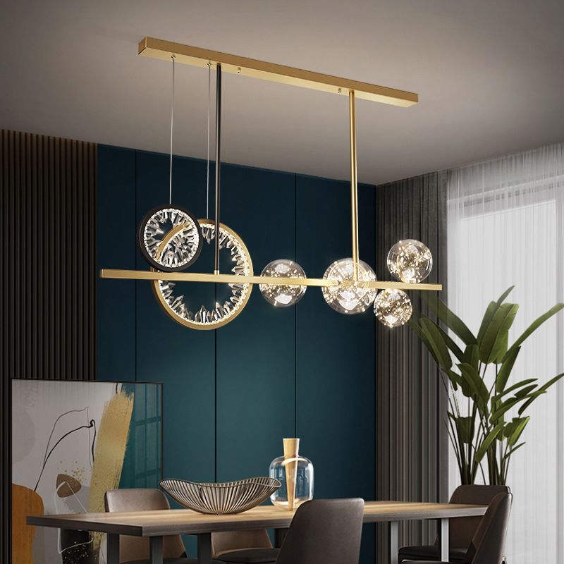 Glass Spherical Island Light Modern Gold LED Hanging Light with Crystal Accents
