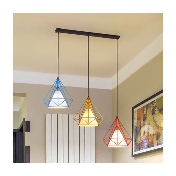 Multi Color Caged Hanging Light Industrial Style Metal and Fabric 3 Lights Indoor Pendant Lighting, Linear/Round Canopy