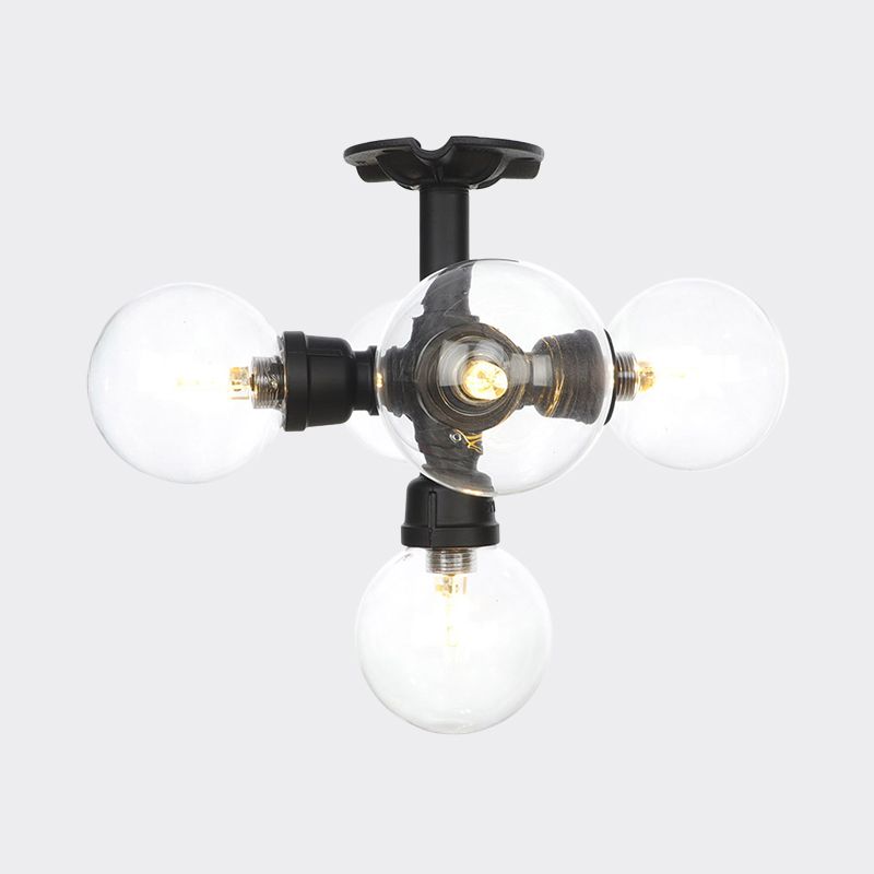 Black 4/5/6-Head Semi Flushmount Antiqued Clear Glass Ball LED Close to Ceiling Lighting