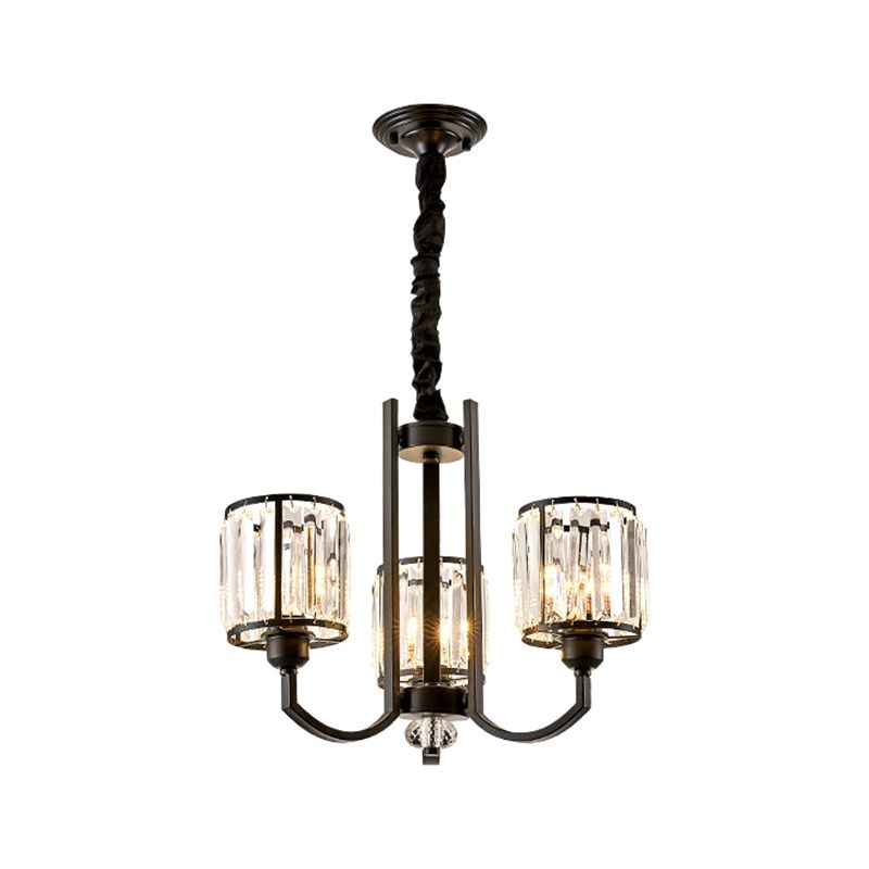 Black Cylinder Pendant Lighting Fixture Classic Faceted Crystal Living Room Chandelier Lamp