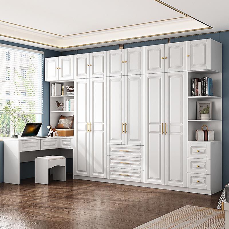 White Armoire Artificial Wood Wardrobe with Drawers and Clothes Rails Storage Cabinet