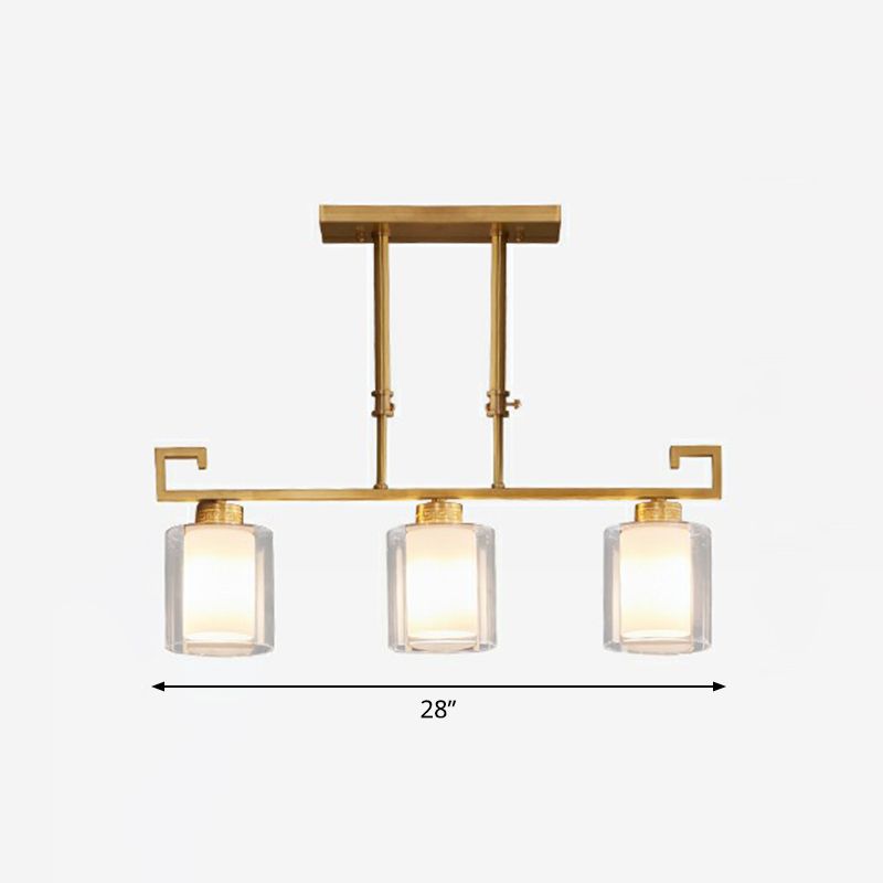 Brass 3-Light Island Lamp Traditional Clear and Frosted Glass Cylindrical Suspension Light