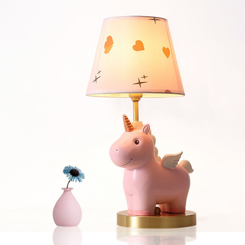 Bucket Table Lighting Kids Patterned Fabric 1-Light Nursery Nightstand Lamp with Resin Unicorn