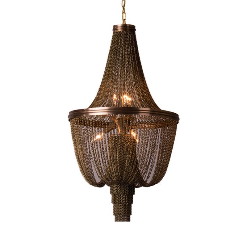 Lodge Chain Fringe Chandelier Lamp 6 Lights Metallic Pendant Light Kit in Brown for Living Room