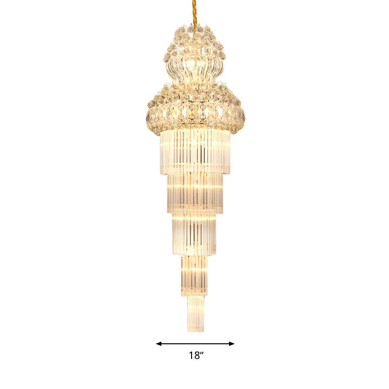 Cone Stairway Chandelier Pendant Light Simple Clear Crystal Rod 12 Heads Gold Suspension Lamp