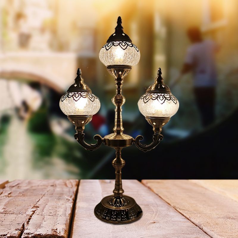 Lámpara de escritorio pequeña ovalada, cristal craquelado Vintage, 1/2/3 luces, lámpara de mesa de noche de bronce