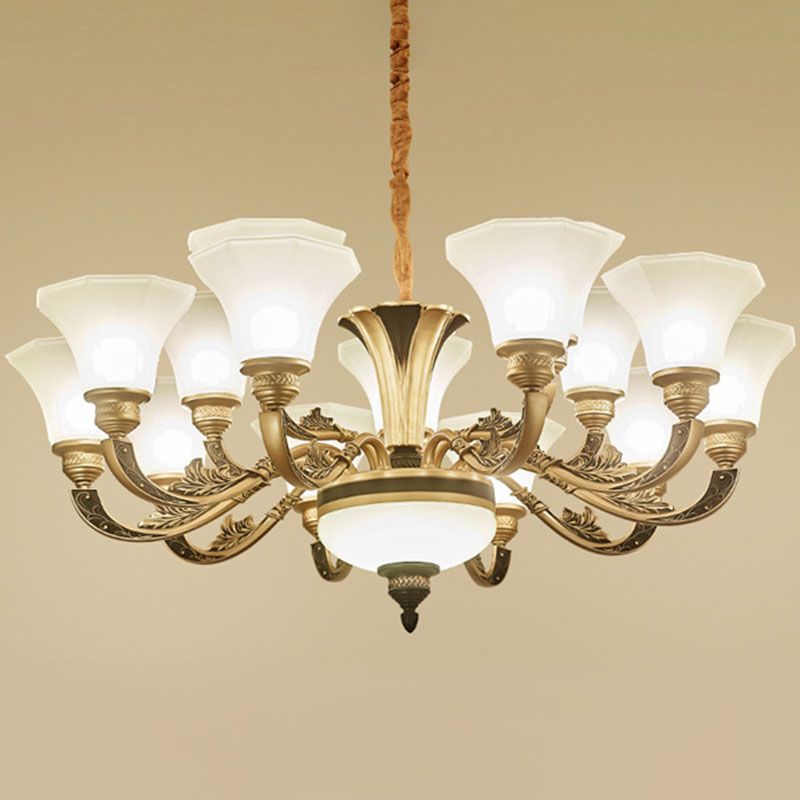 Modernism Pendant Lamp Gold Paneled Bell Hanging Chandelier with Opaline Frosted Glass Shade