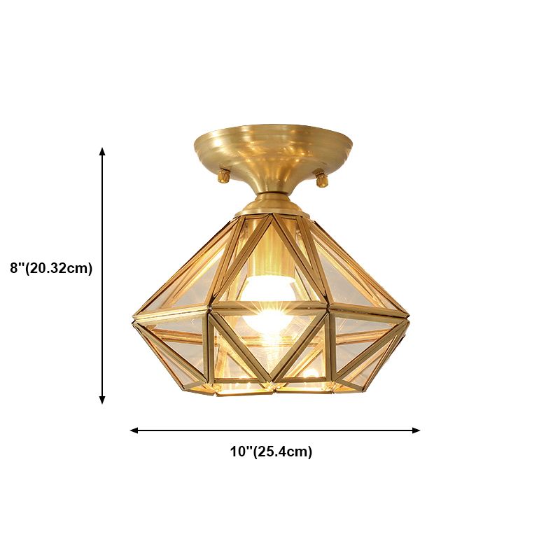 Brass Geometric Ceiling Light in Colonial Style Glass 1-Light Flush Mount