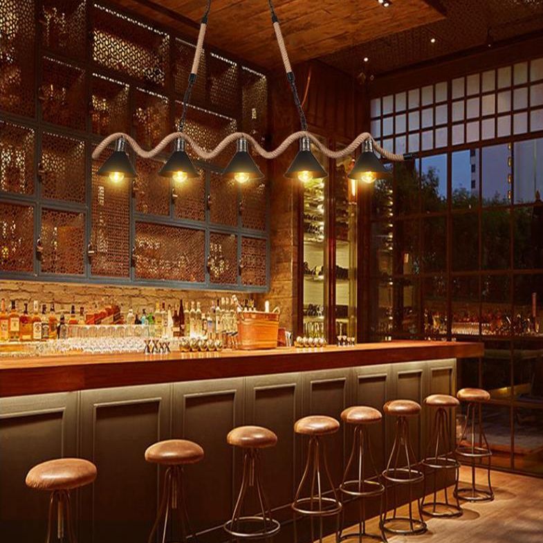 Wave-shaped Hemp Rope Island Lamp Industrial Retro Black Metal Saucer Shade Pendant Light for Bar