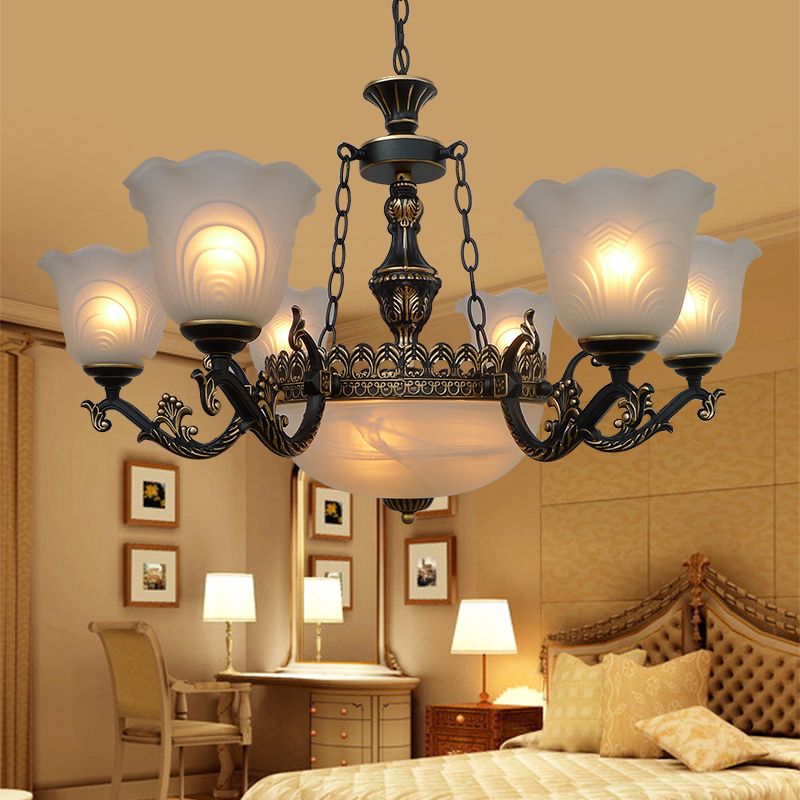 Éclairage pendentif évasé en bronze Verre de texture givrée traditionnelle 9/11 Light Living Room Chandelier