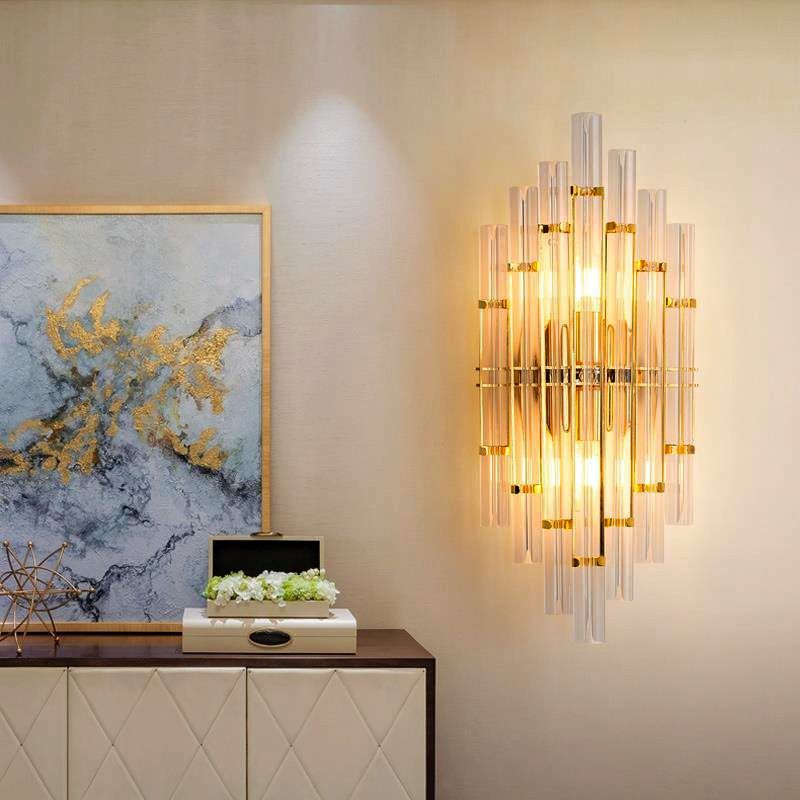 Tube Clear Crystal Wall Light Fixture Contemporary 2 Lights Golden Wall Lamp for Living Room