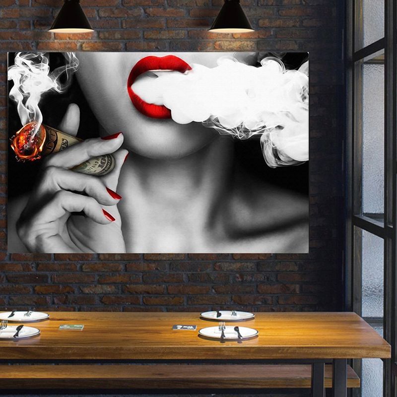 Photography Woman Smoking Canvas Wall Art for Girls Bedroom, Red and Grey, Textured