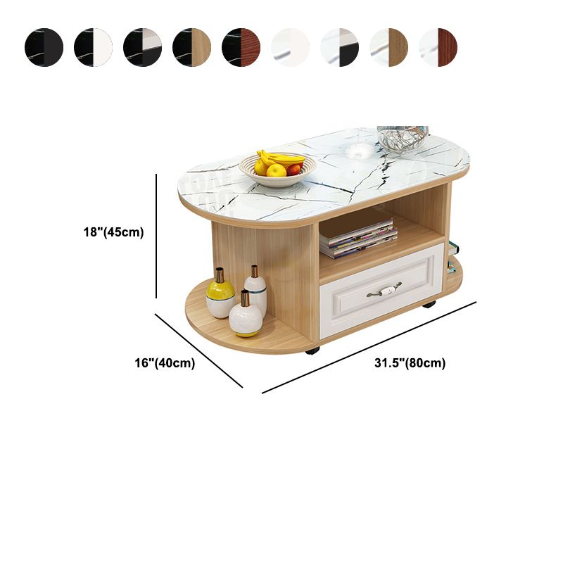 modern oval gals top coffee table with shelf and drawer and Casters