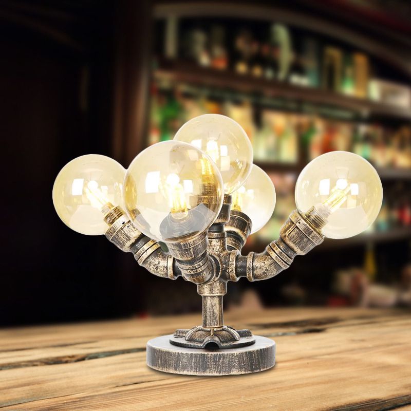 4/5-Light Desk Lamp Industrial Style Round Shade Clear/Amber Glass Task Light in Antique Silver/Bronze with Base