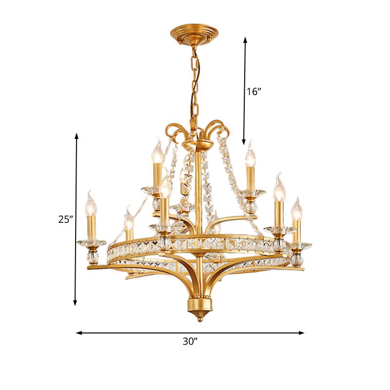 9 Lights Candle Chandelier Lighting Rustic Gold Metal Pendant Lamp for Dining Room with Crystal Beaded Strands