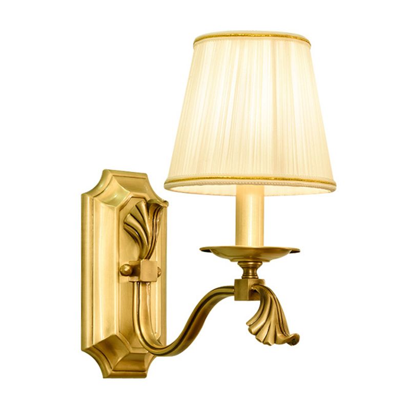 Candle Bedside Wall Lighting Rustic Metal 1/2-Light Gold Wall Mount Lamp with Cone Pleated Fabric Shade
