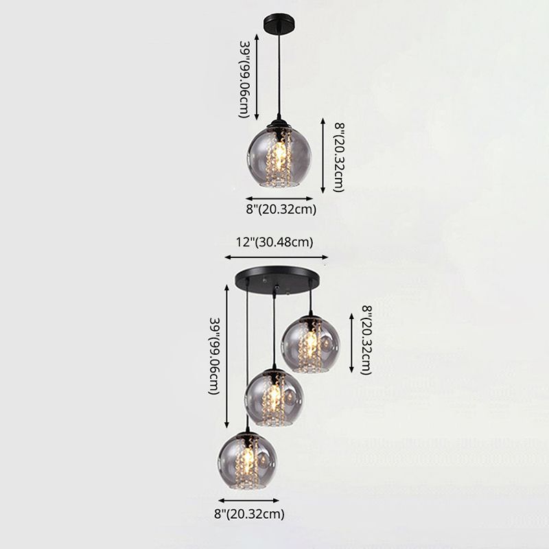 Dîner sphérique Lampe suspendue Verre fumée 1 lumière pendante moderne avec décor en cristal
