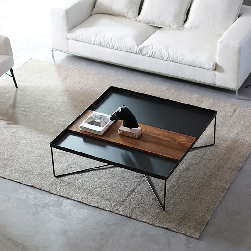 Tray Top Coffee Table Iron Cross Legs Cocktail Table in Black
