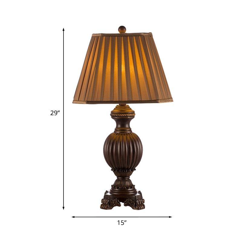Tapered Dining Room Table Lamp Rural Gathered Fabric 1 Head Brown Night Light, 13"/15" Wide