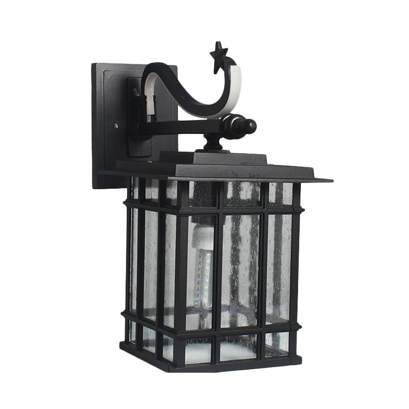 1-Head Wall Lighting Fixture Country Courtyard Sconce Lamp with Cuboid Seeded Glass Shade in Black