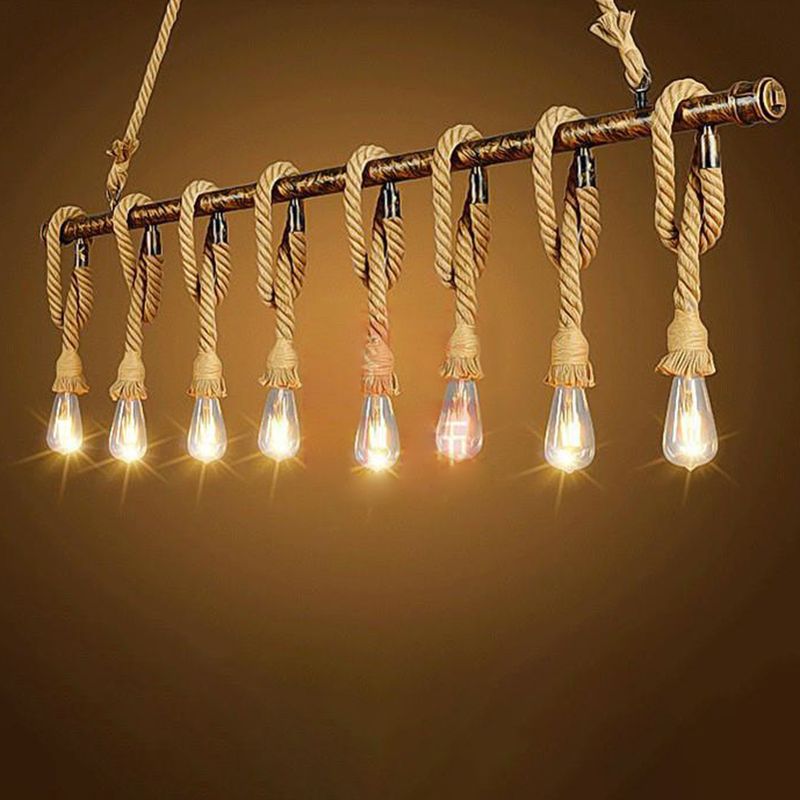 Linear Restaurant Island Pendant Light Retro Style Rope Beige Island Ceiling Light