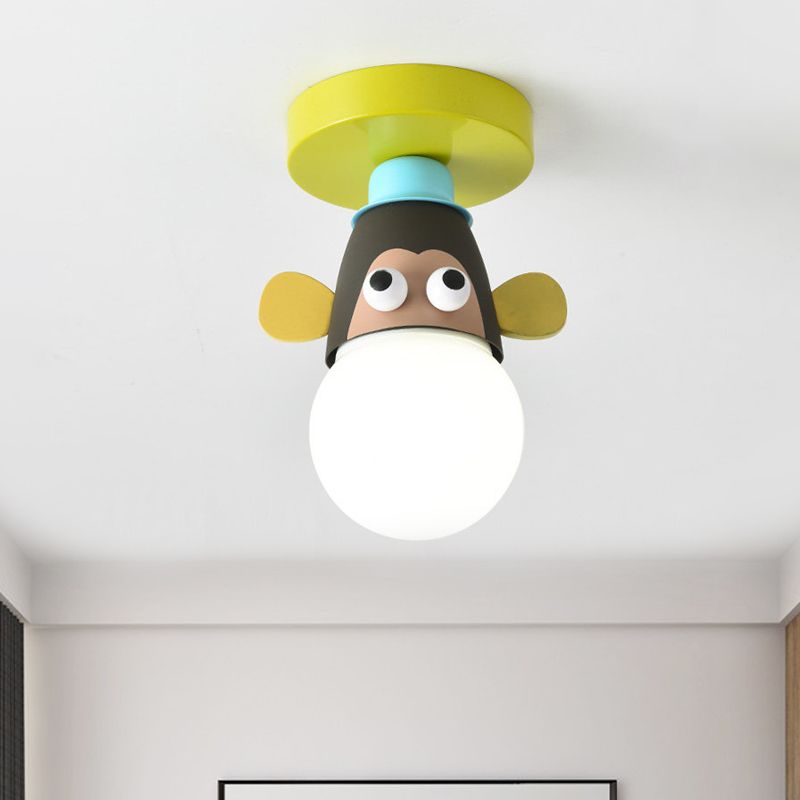 Single Bulb Bedroom Semi-Flush Mount Lighting Kids Yellow Ceiling Lamp with Giraffe / Monkey / Tiger Metal Shade